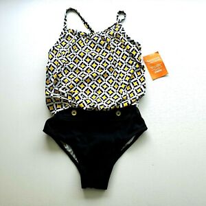 Gymboree NWT Girls Swimsuit 1 piece Black/Gold Print Sunscreen UPF 50+ Sz 5-6
