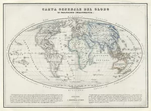 World Map "Carta generale del globo proiezione omalografica" Schiapparelli,1862 - Picture 1 of 3