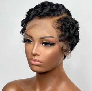 Pixie Finger Wave L part Lace Front Wig Short Black Human Hair Wig Remy Glueless - Picture 1 of 6