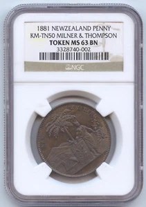 New Zealand 1881 Penny KM-TN50 NGC MS63BN (#1394) Milner & Thompson. - Picture 1 of 4
