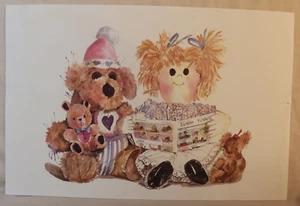 Fratterman 1989 Lithograph Watercolor Print of Teddy Bear & Rag Doll - Picture 1 of 8