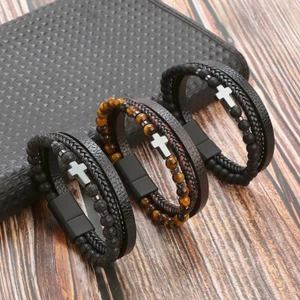 Men's Cross Leather Braided Bracelet Tiger's Eye Stone Bracelet Cuff Bangle Gift - Picture 1 of 24