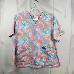 Landau V-Neck Scrub Top Hearts and Ribbons Pastel Colors 4 Pocket Wmn Sz 2XL - Picture 1 of 6