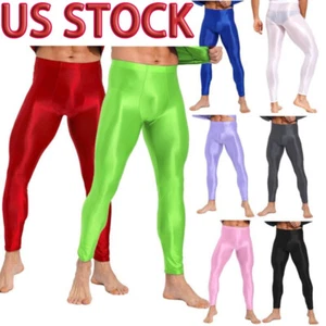 US Men Glossy Pantyhose Long Pants Smooth Yoga Compression Workout Sports Tights - Picture 1 of 113