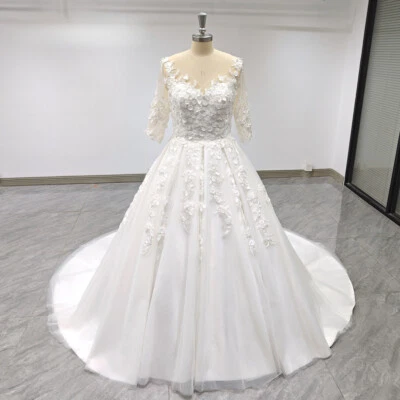 A-Line Wedding Dresses 3/4 Sleeve Princess 3D Beading Flowers Bridal Gown - Image 1 of 4