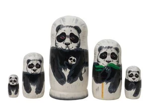 Handmade Panda Bears Nesting Doll 5pc Tallest 5" 100% Natural Linden Wood - Picture 1 of 3