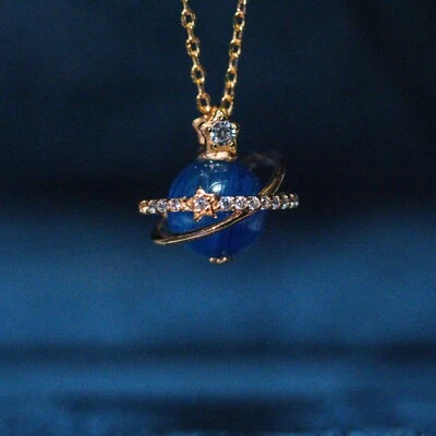 Collar Saturno, Dije Planeta Cianita Cristal Azul Celestial Colgante Delicada Joya Foto 1 de 4