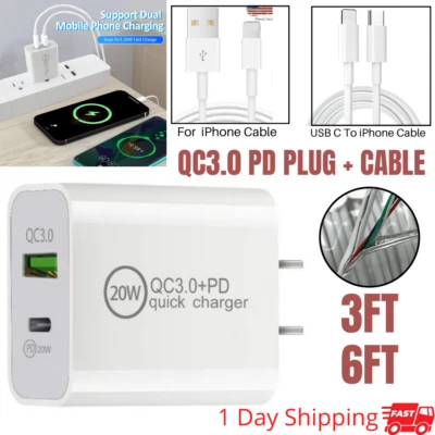 For iPhone 14 13 12 11 20W PD Fast Wall Charger QC 3.0 Power Adapter USB-C Cable - Image 1 of 4