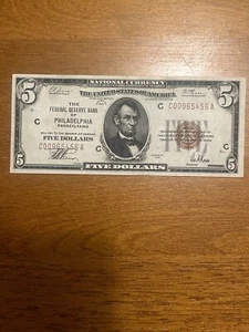 1929 $5 Philadelphia Bank Note AU - Picture 1 of 4