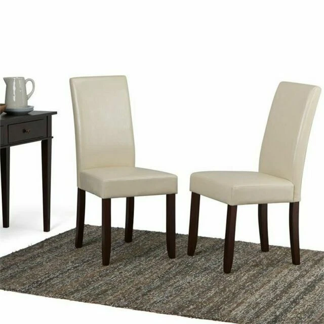 SIMPLIHOME Acadian Parson Dining Chair, Faux Leather and SOLID WOOD, Square, Upholstered - Satin Cream (Set of 2)