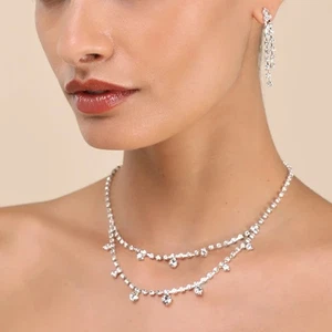 Damen Strass Halskette Ohrringe Tropfen Quaste 2 Stück Metallkörper Kette 21019 - Bild 1 von 5