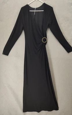 Venus Dress Women Large Black Long Sleeve Maxi Wrap Gold Ring Formal Evening - Image 1 of 4