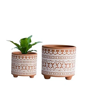 Set of 2 Terracotta Planter Pots, 4.4 Inch & 6.4 Inch, Wave Pattern Plants - Picture 1 of 7