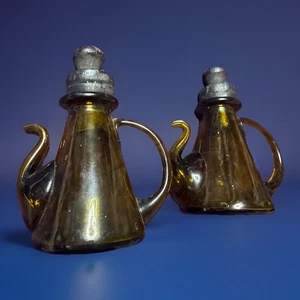 Vintage Amber Glass Hand Blown Cruet Set of 2 with Removable Stoppers - Picture 1 of 12