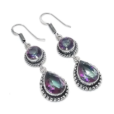 Mystic Topaz Gemstone Handmade 925 Sterling Silver Jewelry Earring Size 2" - Image 1 of 3