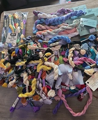 Big Bag Misc. Floss 100 Skeins. Includes DMC Rayon Thread Gatherer Caron Others - Image 1 of 4
