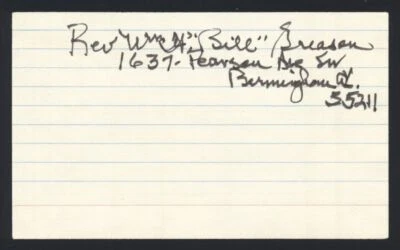 BILL GREASON SIGNED 3x5 Index Card Black Barons St. Louis Cardinals - Image 1 of 3