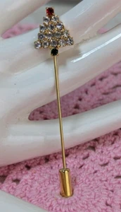 Vintage Rhinestone Christmas Tree Stick Pin Stickpin Gold Metal - Picture 1 of 8