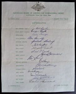 AUSTRALIA TO ENGLAND 1964 OFFICIAL CRICKET AUTOGRAPH TEAM SHEET - Picture 1 of 2