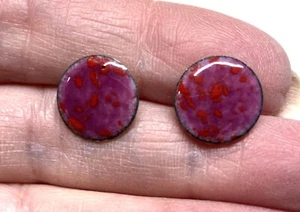 Artisan made, Post earrings Enamel finish- small round Pink with Red - Picture 1 of 4