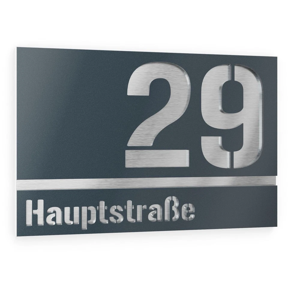 Graviers Hausnummer + Straßenname Haus Nr. Schild mit Gravur Edelstahl RAL 7016 - Image 1 of 4