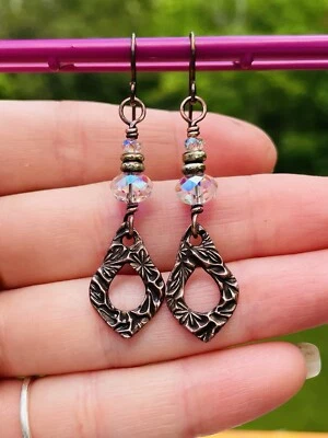 Artisan Copper Swarovski and bronze earrings with niobium ear wires rustic - Image 1 of 4