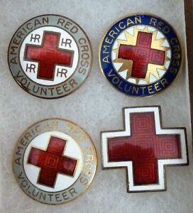 4 Vintage WWII Era Red Cross Volunteer Pins - Enameled