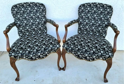 Vintage French Country Provincial Walnut Fauteuil Armchairs - A Pair Cover