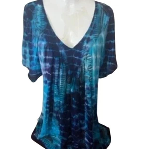 Greater Good Womens Size 4XL Tunic Top Artsy Boho Hippie Short Slv Tie Dye Blue - Picture 1 of 9