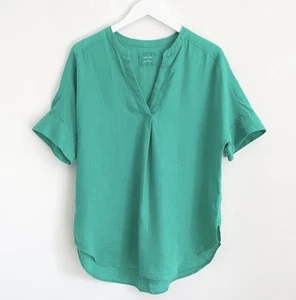 M&S pure linen top 12 green relaxed casual boxy popover v neck short sleeve - Picture 1 of 13