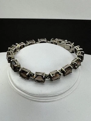 Tennis Style Link Bracelet 925 Silver 15  smoky quartz  faceted Crystal  7.25” - Image 1 of 4