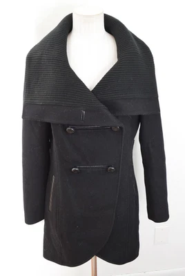 Abrigo Mackage para mujer mediano mezcla de lana doble pecho cuello cuero negro botón Foto 1 de 4
