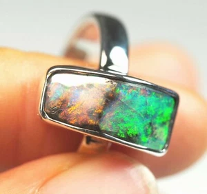 Australian Queensland Boulder Solid Opal Silver Green Red Ring UK(AU) P US 7 3/4 - Picture 1 of 7