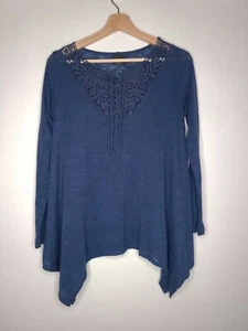 Wallpapher Womens Top Dark Blue Tunic Knit Crochet Tie Neck Boho Size Small - Picture 1 of 7