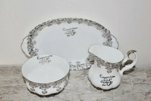 ROYAL ALBERT "Congratulations 25 Anniversary" CREAM & SUGAR & TRAY SET - Picture 1 of 4