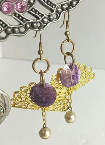 Dangling Gold Fan Pierced Earrings with Purple Shell and Faux Pearls - Picture 1 of 4