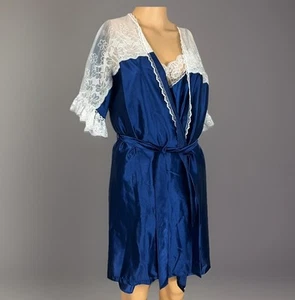 Vintage Vandemere 2 Piece Nightgown Womens Medium Blue Classic Lace Detail - Picture 1 of 9