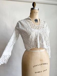 Antique 1910s Embroidered Polka Dot Rayon Crepe Blouse Bodice M L - Picture 1 of 9