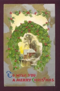 Große Stechpalme Hufeisen Rahmen Winter Wassermühle 1910 Vintage WEIHNACHTEN Postkarte - Bild 1 von 1