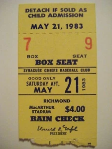 RICHMOND BRAVES SYRACUSE CHIEFS 5/21/83 AAA baseball ticket stub 1983 JIMMY KEY - Picture 1 of 8