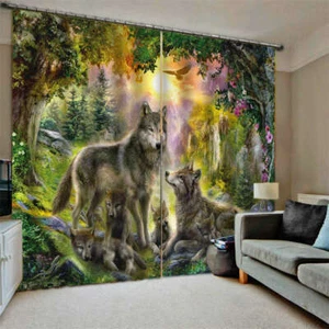 Wolf Family Gray Hair Nice Part Printing 3D Blockout Curtains Fabric Window - Imagen 1 de 8
