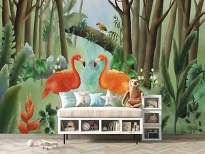 3D Flamingo Forest Wallpaper Wall Mural Self-adhesive Removable 600 - Picture 1 of 4