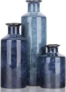 Set of 3 Ceramic Blue Small Vases Farmhouse Country Home Decoration Centerpieces - Picture 1 of 7