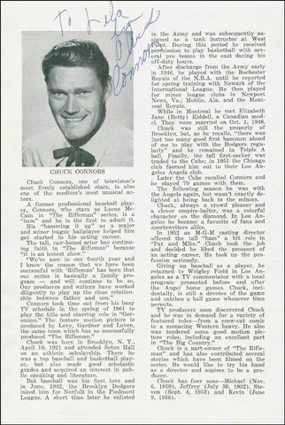 CHUCK CONNORS - INSCRIBED PROGRAM PAGE SIGNED Cover