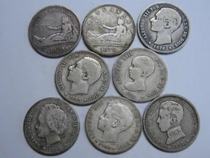 1869 - 1903 SPAIN FIRST REPUBLIC ALFONSO 1 PESETA LOT 8 DIFFERENT COINS SILVER.- - Picture 1 of 2