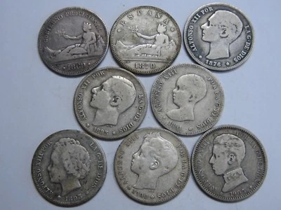1869 - 1903 SPAIN FIRST REPUBLIC ALFONSO 1 PESETA LOT 8 DIFFERENT COINS SILVER.- - Image 1 of 2