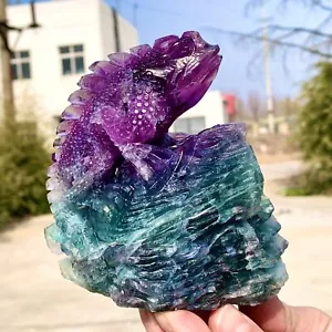 1.95LB natural purple green fluorite cube hand carved lizard Crystal sample - Picture 1 of 24