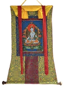 WHITE TARA MOTHER GODDESS ORIGINAL TIBETAN THANGKA PAINTING PREMIUM SILK FRAME - Picture 1 of 10