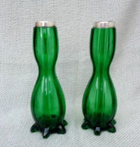 A beautiful pair of Art Nouveau green glass vases silver collar hall Marked rare - Picture 1 of 11