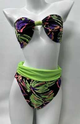 Vintage La Blanca Bikini Electric Neon Tropical High Cut Swimsuit Sz 14 USA 90s - Image 1 of 4